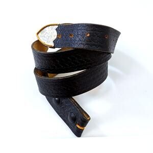 Black Embossed Leather Belt Concho Tip Western Boho Statement Belt